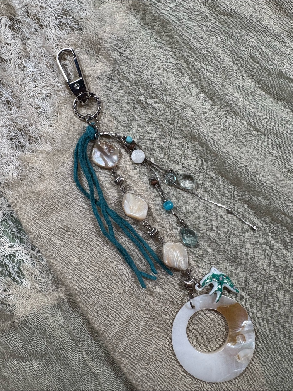 Upcycled Turquoise & Mother-of-Pearl Purse Charm with Cute Bird Detail